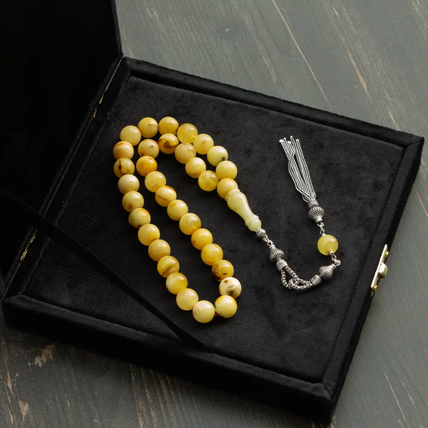 Orijinal Damla Kehribar Tesbih – Büyük Boy | 925 Ayar Gümüş Püskül