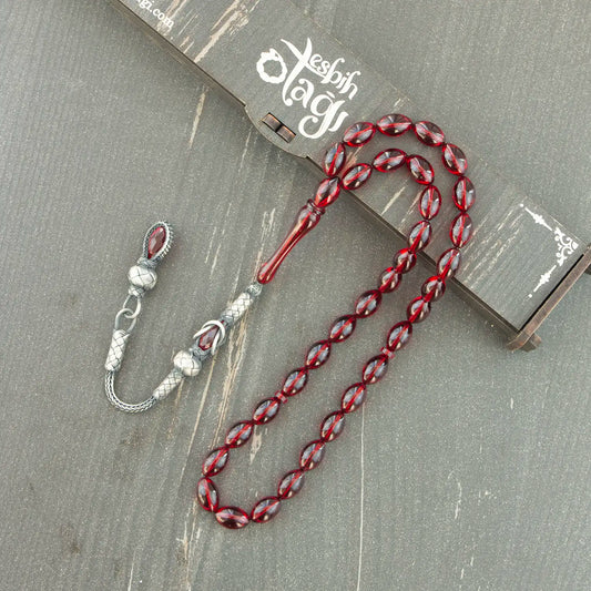 Kırmızı arpa kesim ateş kehribar tesbih, kazaz püsküllü el işçiliği özel tasarım.