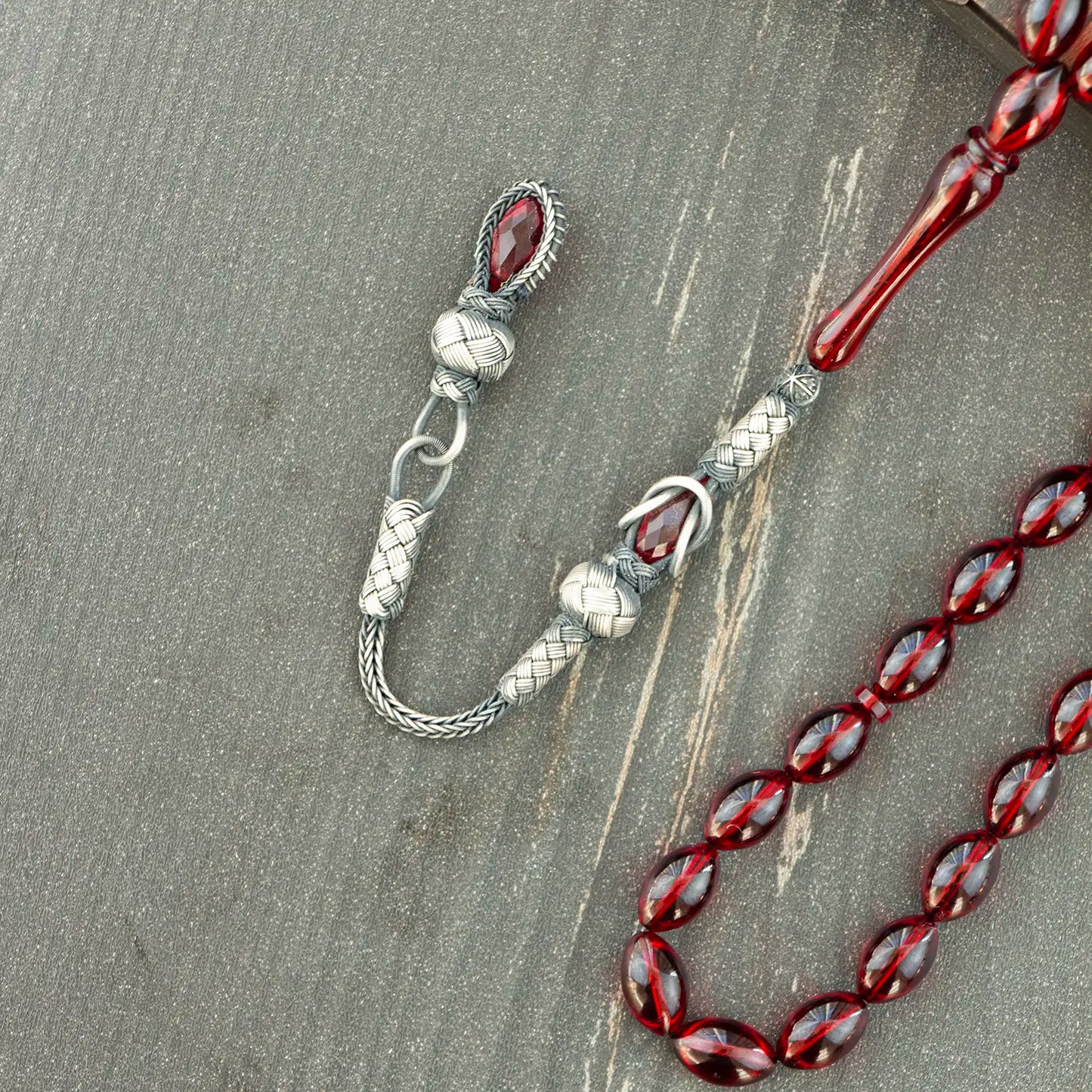 Kırmızı Arpa Kesim Kazaz Püsküllü Ateş Kehribar Tesbih | Tesbih Otağı