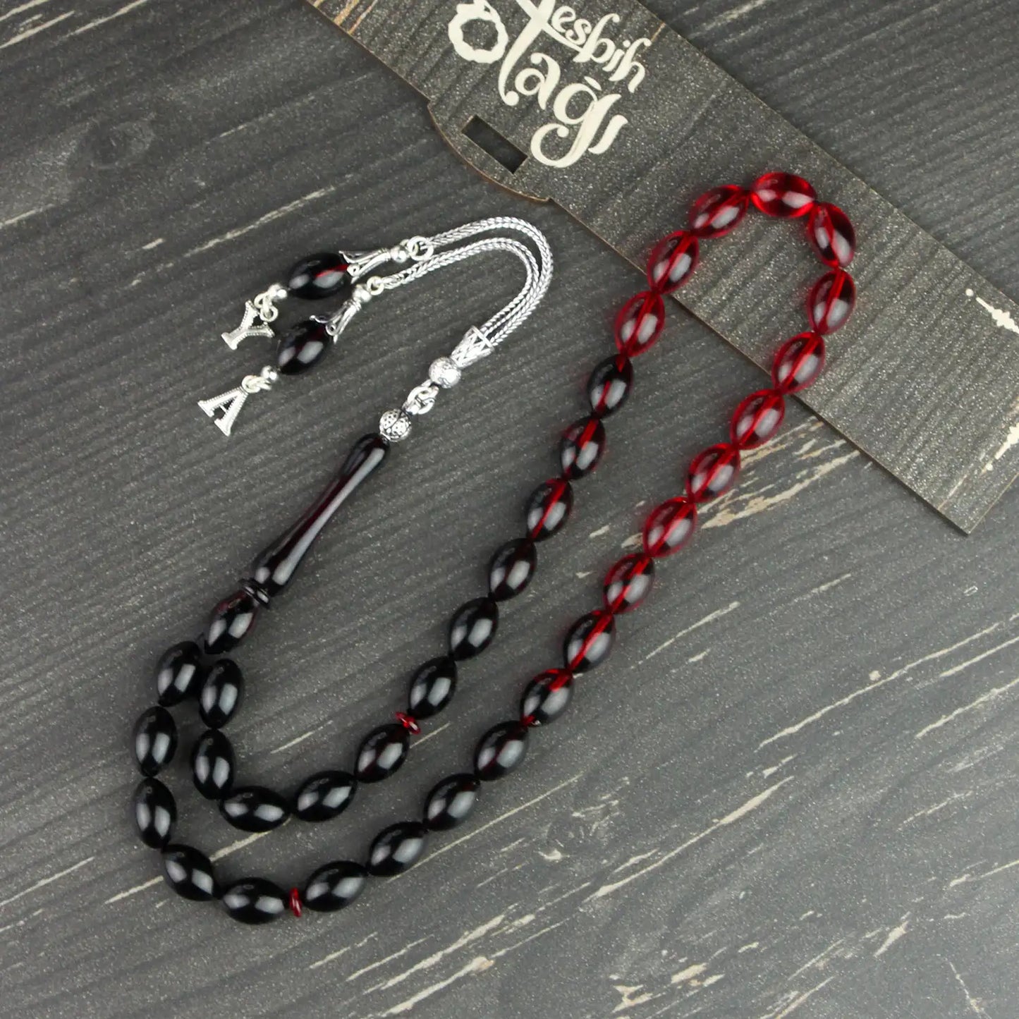 Kişiye Özel Harfli Kırmızı Siyah Ateş Kehribar Tesbih