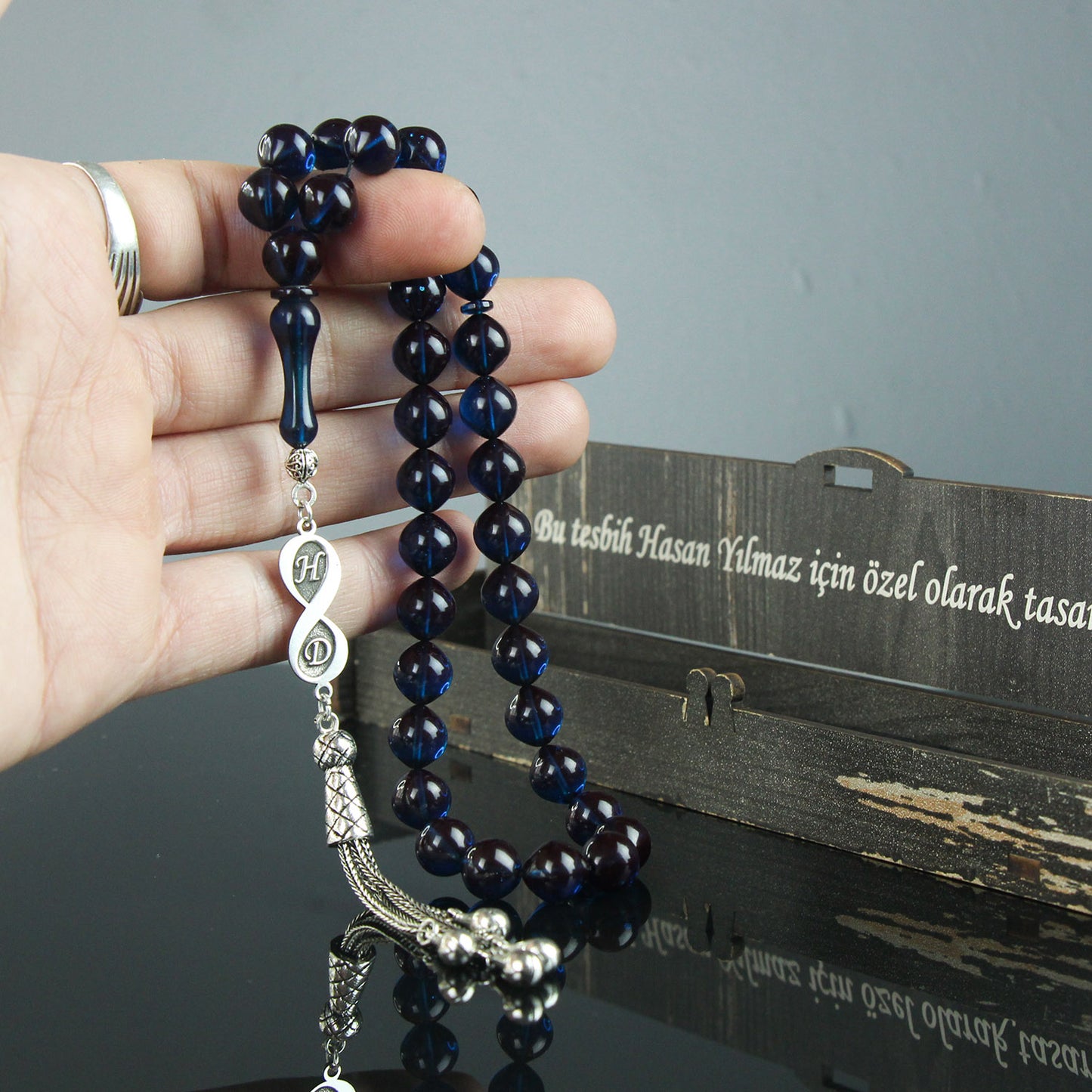 Kişiye Özel Gümüş Sonsuzluk Mavi Küre Ateş Kehribar Harfli Tesbih
