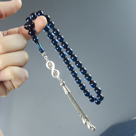 Kişiye Özel Gümüş Sonsuzluk Mavi Küre Ateş Kehribar Harfli Tesbih