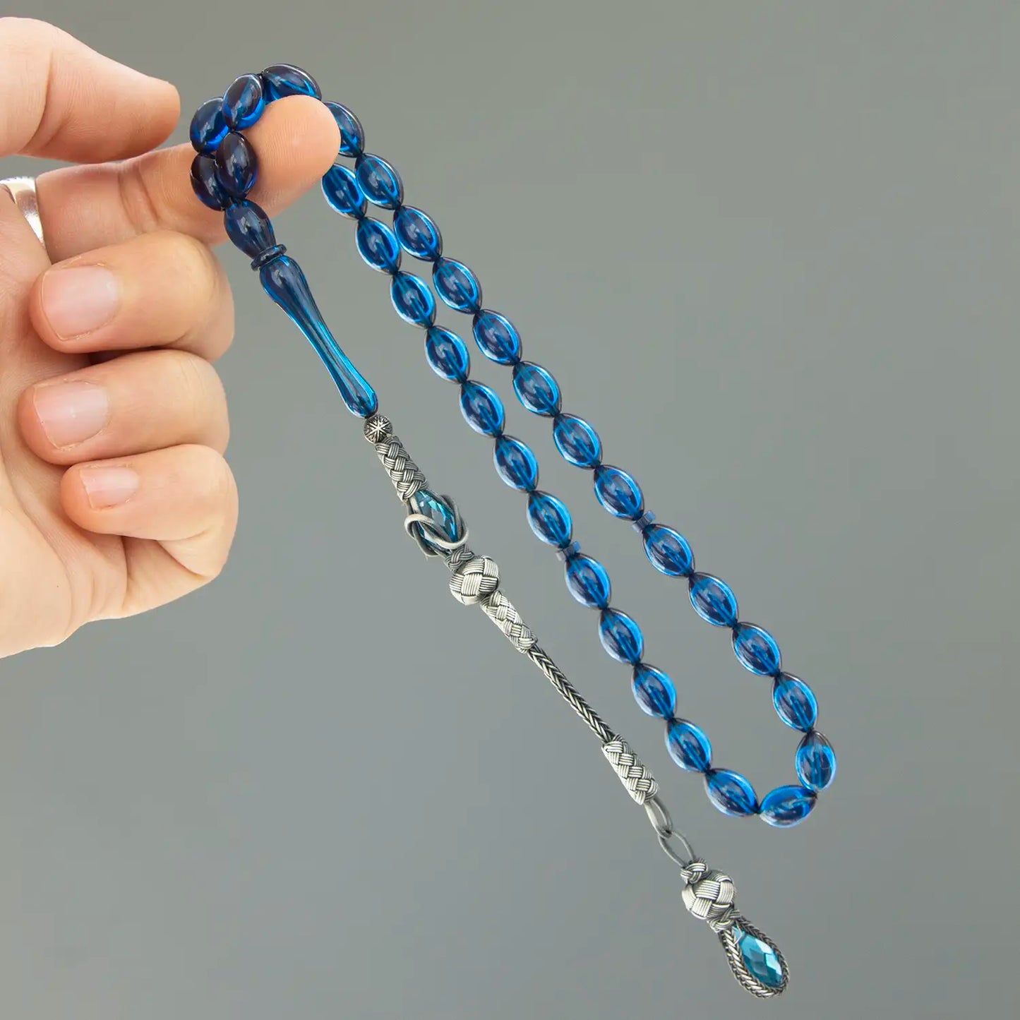 Mavi Arpa Kesim Gümüş Kazaz Püsküllü Ateş Kehribar Tesbih | Tesbih Otağı