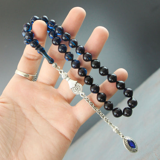 Sertifikalı Küre Kesim Mavi Siyah Ateş Kehribar Tesbih