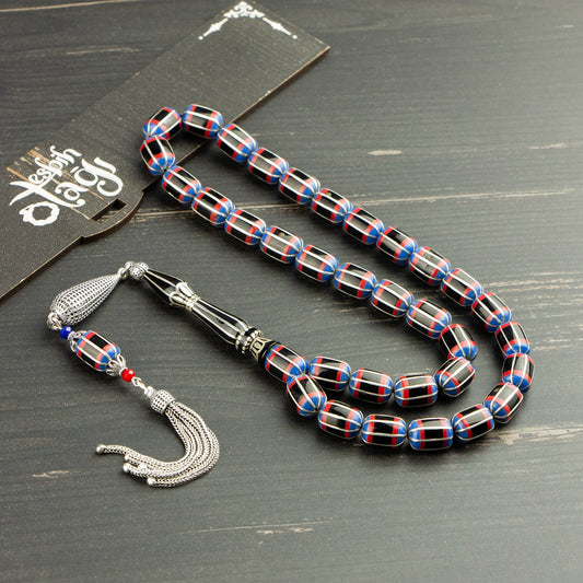 Gümüş İşlemeli Erzurum Oltu Taşı Tesbih Bordo Mavi - El Yapımı Usta İşi