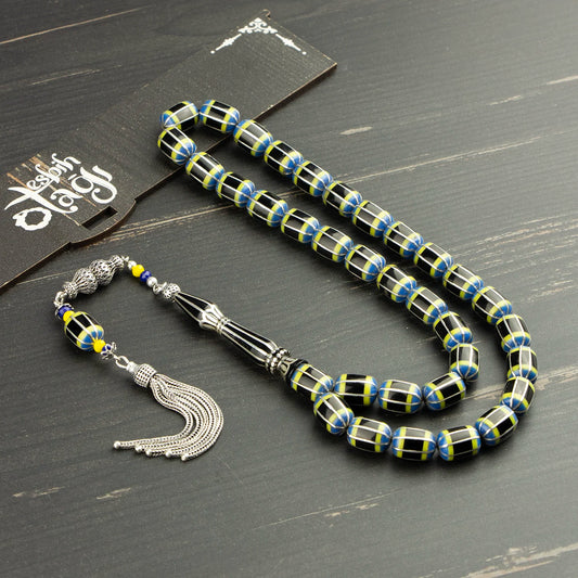 Gümüş İşlemeli Sarı Lacivert Erzurum Oltu Taşı Tesbih - El Yapımı Usta İşi