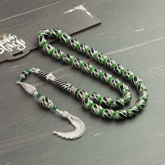 Erzurum Oltu Taşı Yeşil Tesbih - Gümüş Püsküllü El Yapımı Özel Tasarım