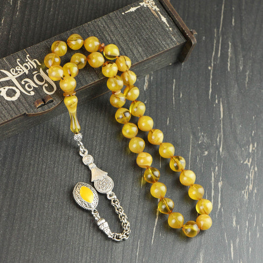 Sertifikalı Küre Kesim Sarı Sıkma Kehribar Tesbih