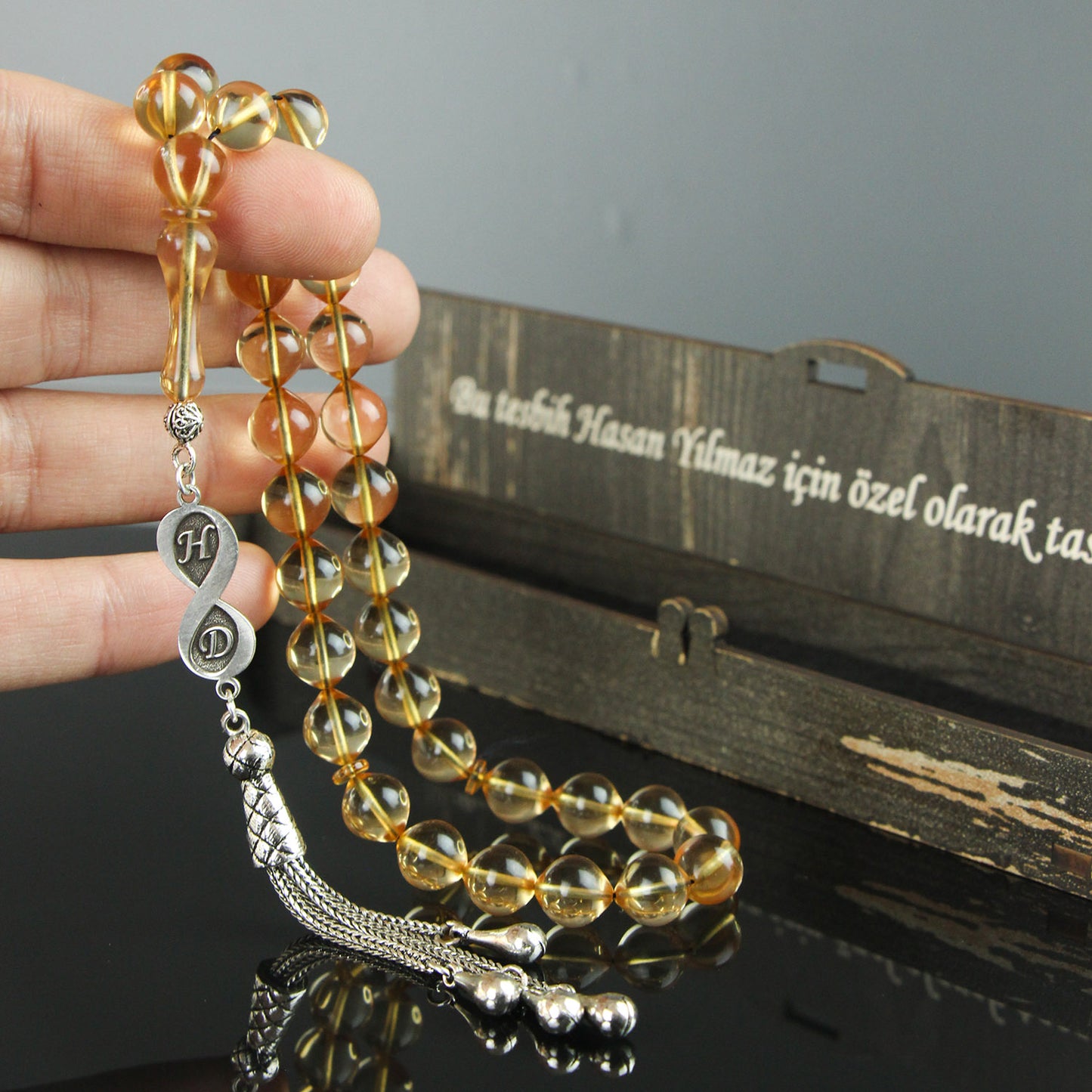 Kişiye Özel Gümüş Sonsuzluk Şeffaf Küre Ateş Kehribar Harfli Tesbih