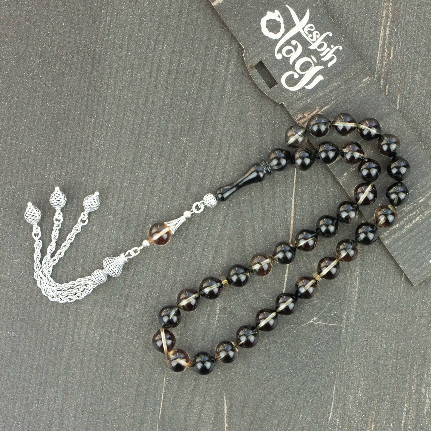 925 Ayar Gümüş Püsküllü 9 mm Siyah ve Şeffaf Ateş Kehribar Tesbih