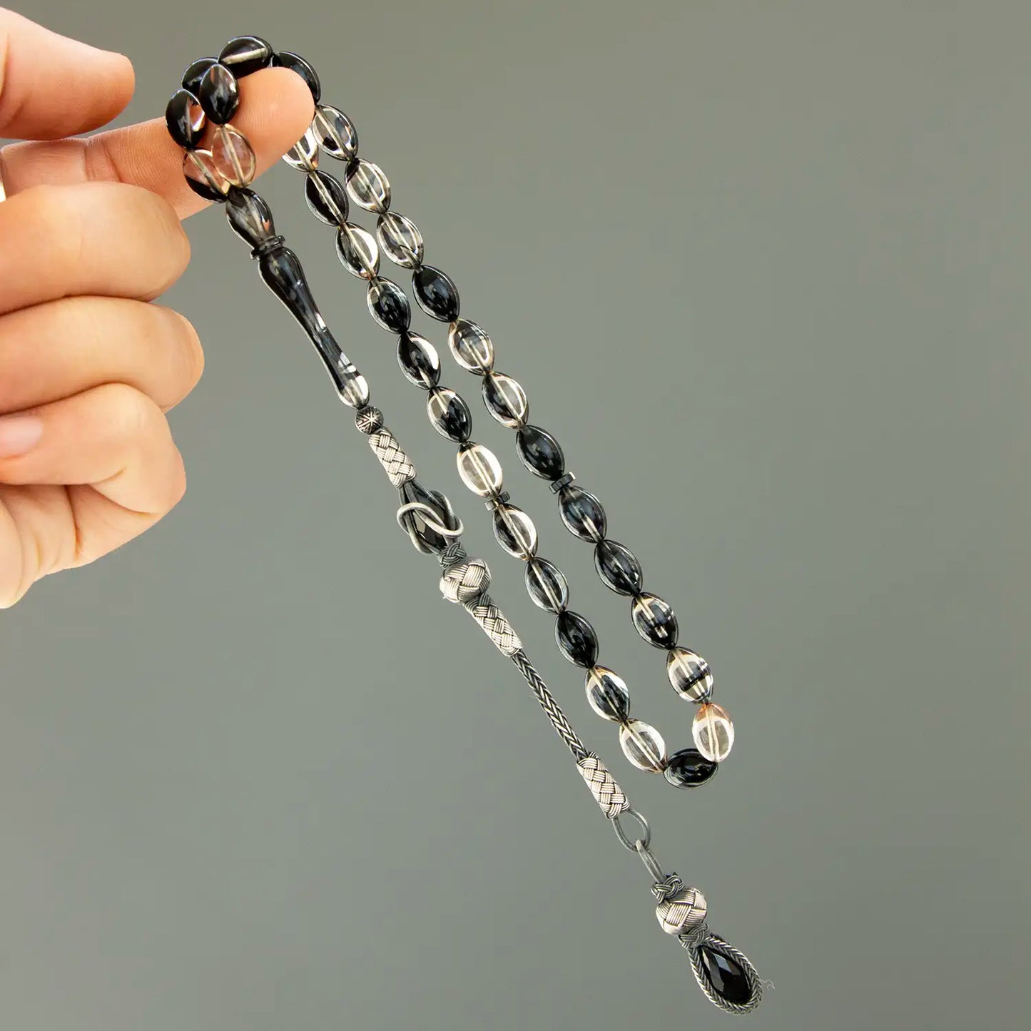 Siyah Şeffaf Gümüş Kazaz Püsküllü Ateş Kehribar Tesbih | Tesbih Otağı