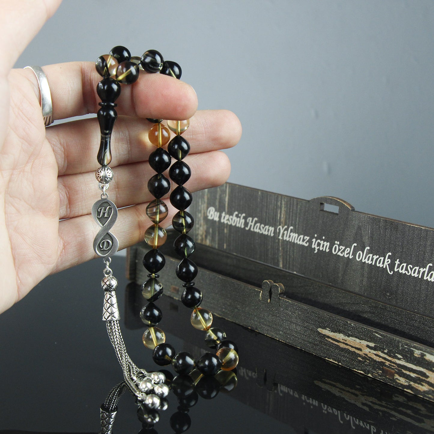 Kişiye Özel Gümüş Sonsuzluk Siyah Şeffaf Küre Ateş Kehribar Harfli Tesbih