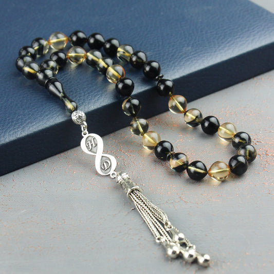 Kişiye Özel Gümüş Sonsuzluk Siyah Şeffaf Küre Ateş Kehribar Harfli Tesbih