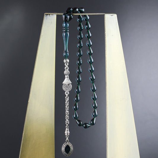 Sertifikalı Damla Kesim Yeşil Ateş Kehribar Tesbih