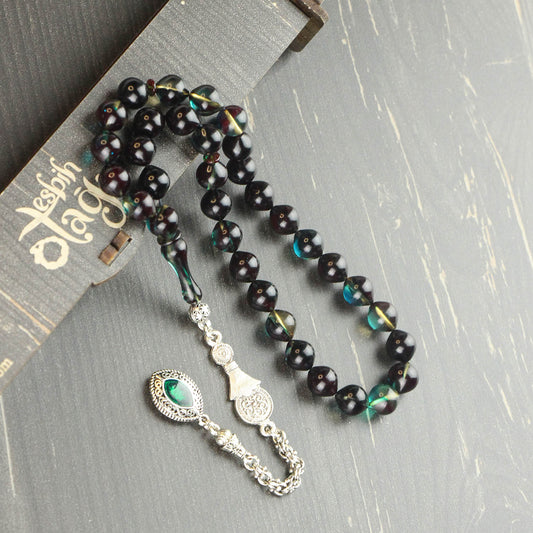 Sertifikalı Küre Kesim Yeşil Hareli Ateş Kehribar Tesbih