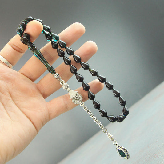 Sertifikalı Damla Kesim Turkuaz Ateş Kehribar Tesbih