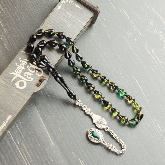 Sertifikalı Damla Kesim Yeşil Siyah Ateş Kehribar Tesbih