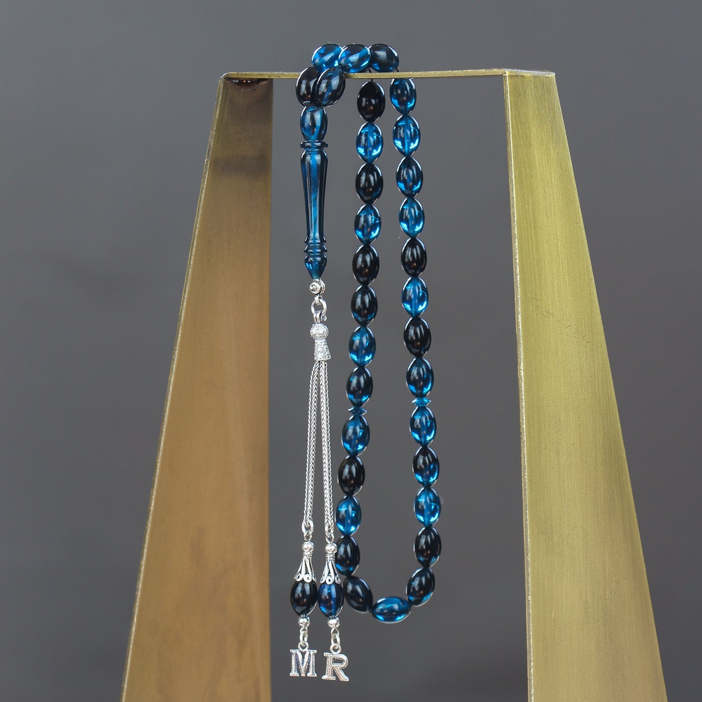 Kişiye Özel Harfli Gümüş Püsküllü Arpa Kesim Mavi Hareli Ateş Kehribar Tesbih