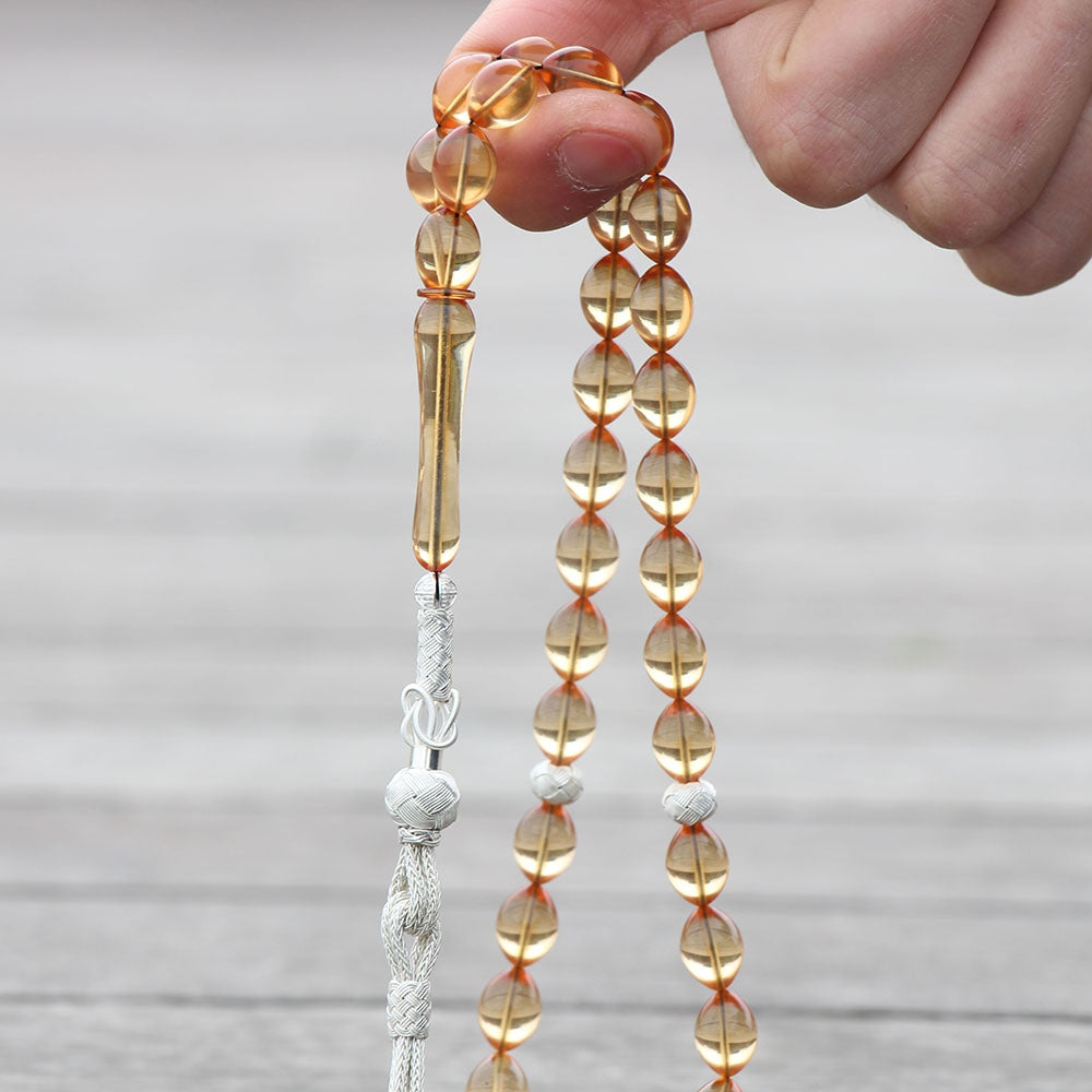 Çakırbeyli Gümüş Kazaz Püsküllü Şeffaf Arpa Kesim Ateş Kehribar Tesbih