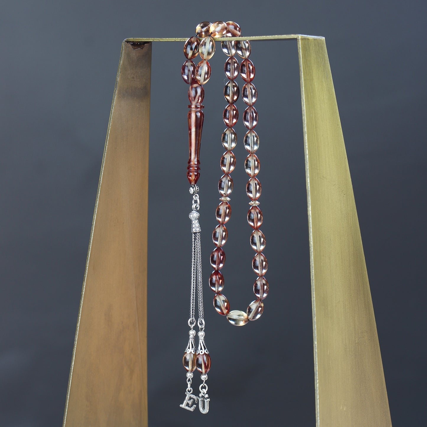 Kişiye Özel Harfli Gümüş Püsküllü Arpa Kesim Kahve Ateş Kehribar Tesbih