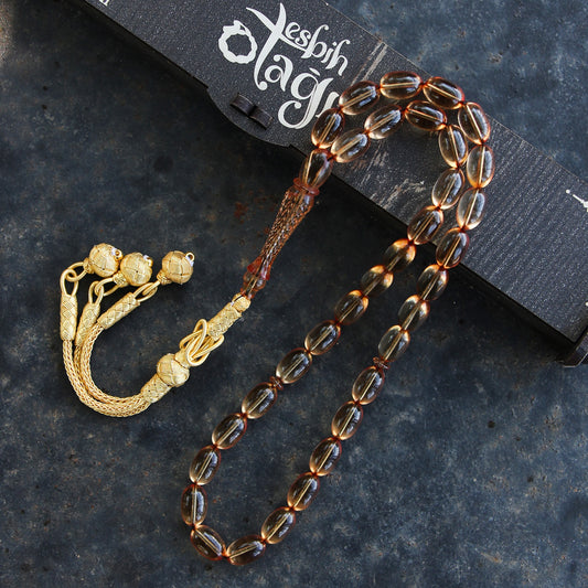 Gold Serisi Gümüş Kazaz Püsküllü Şeffaf Ateş Kehribar Tesbih