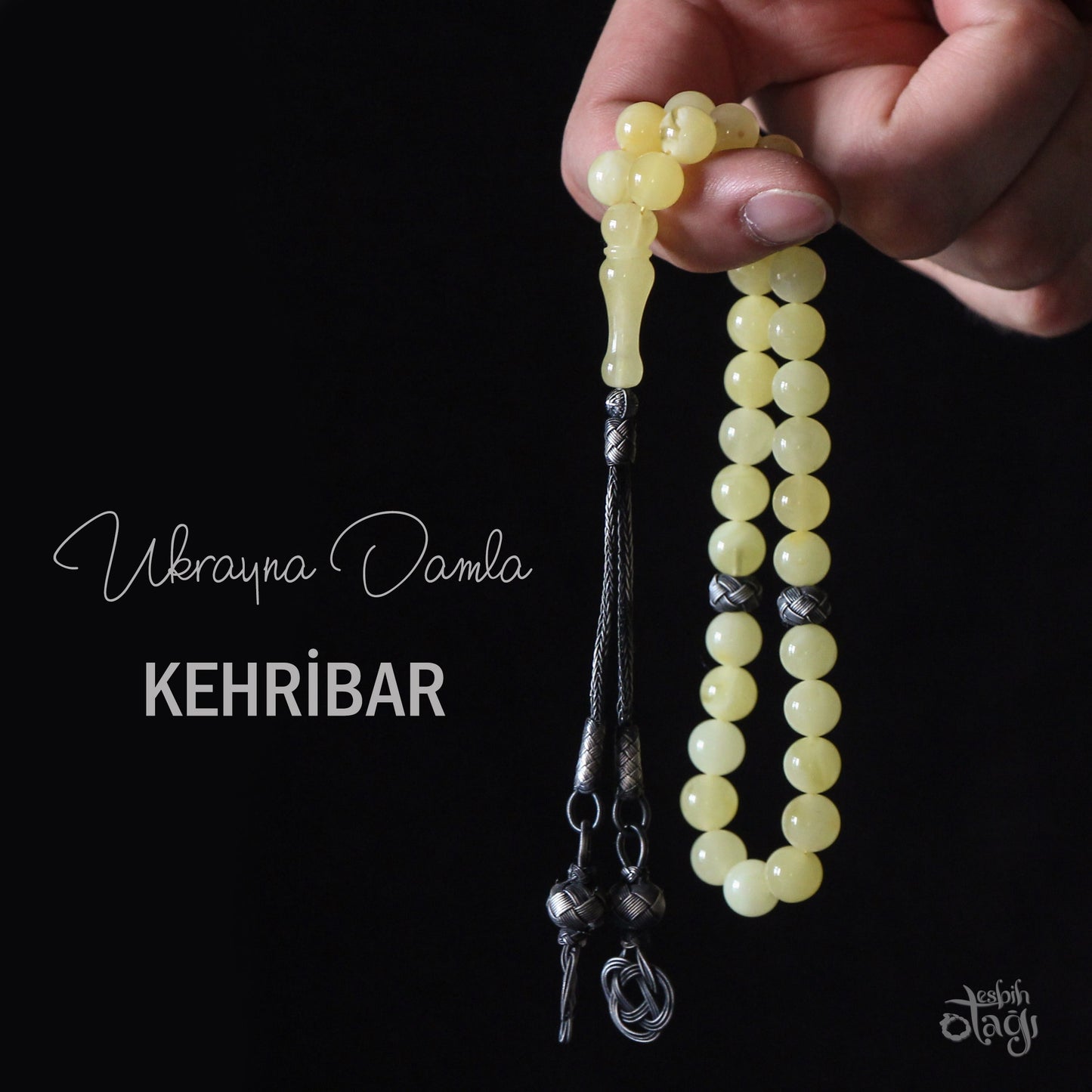 Gümüş Püsküllü Küre Kesim Has Damla Kehribar Tesbih