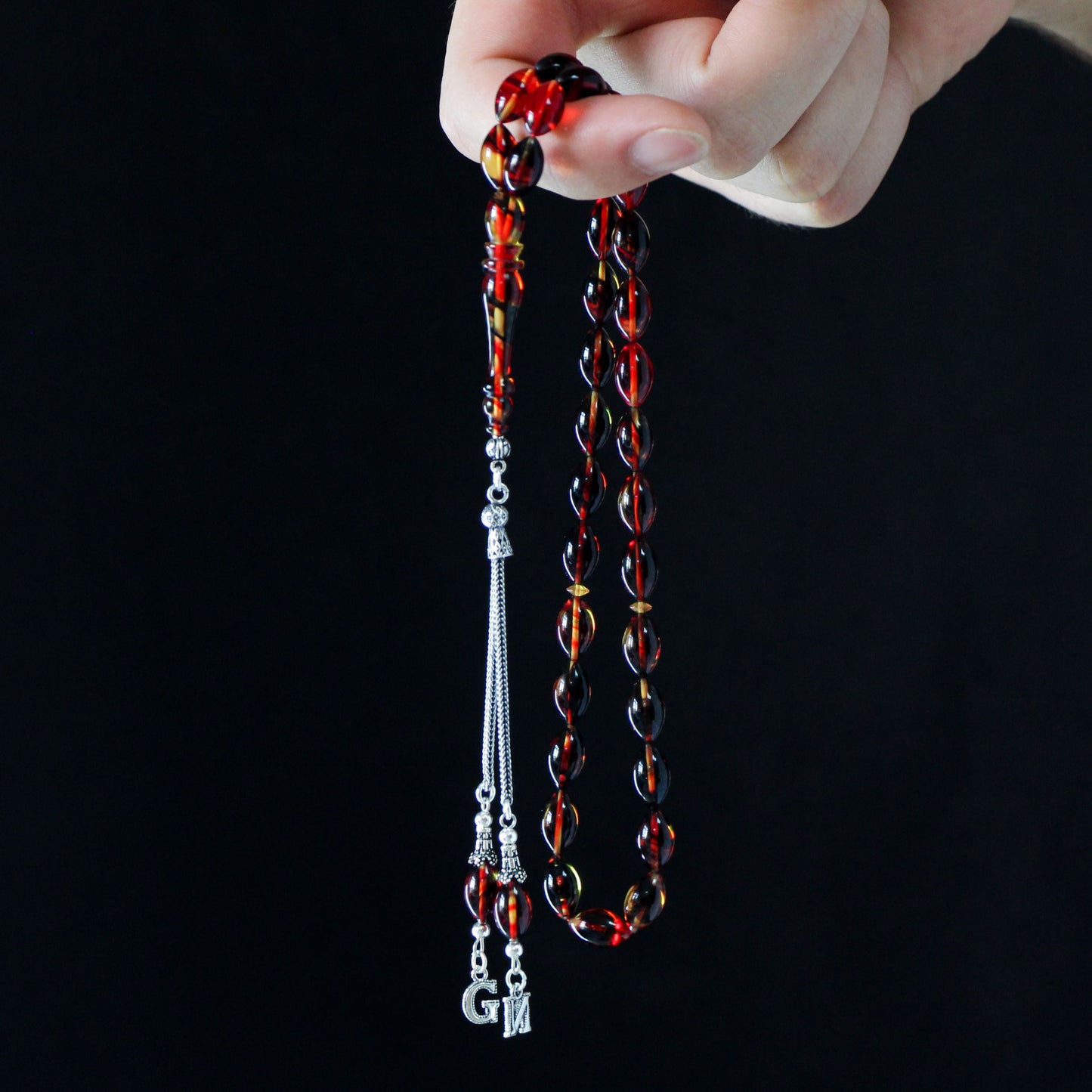 Kişiye Özel Harfli Gümüş Püsküllü Ateş Kehribar Tesbih