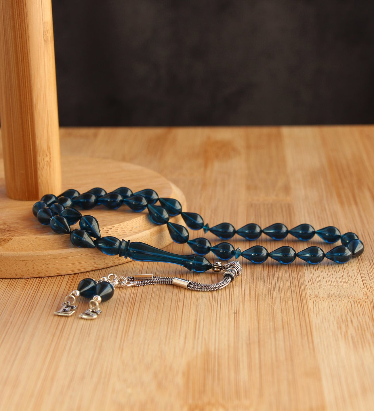 Kişiye Özel Gümüş Püsküllü Damla Kesim Mavi Ateş Kehribar Tesbih