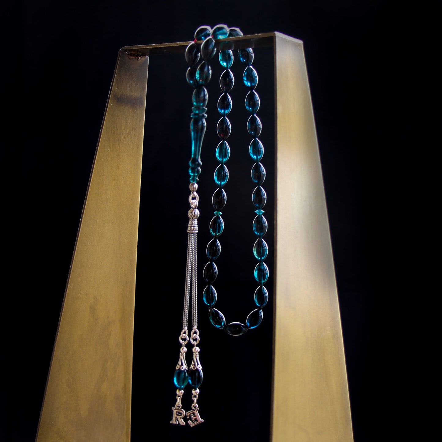 Kişiye Özel Gümüş Püsküllü Mavi Siyah Ateş Kehribar Tesbih