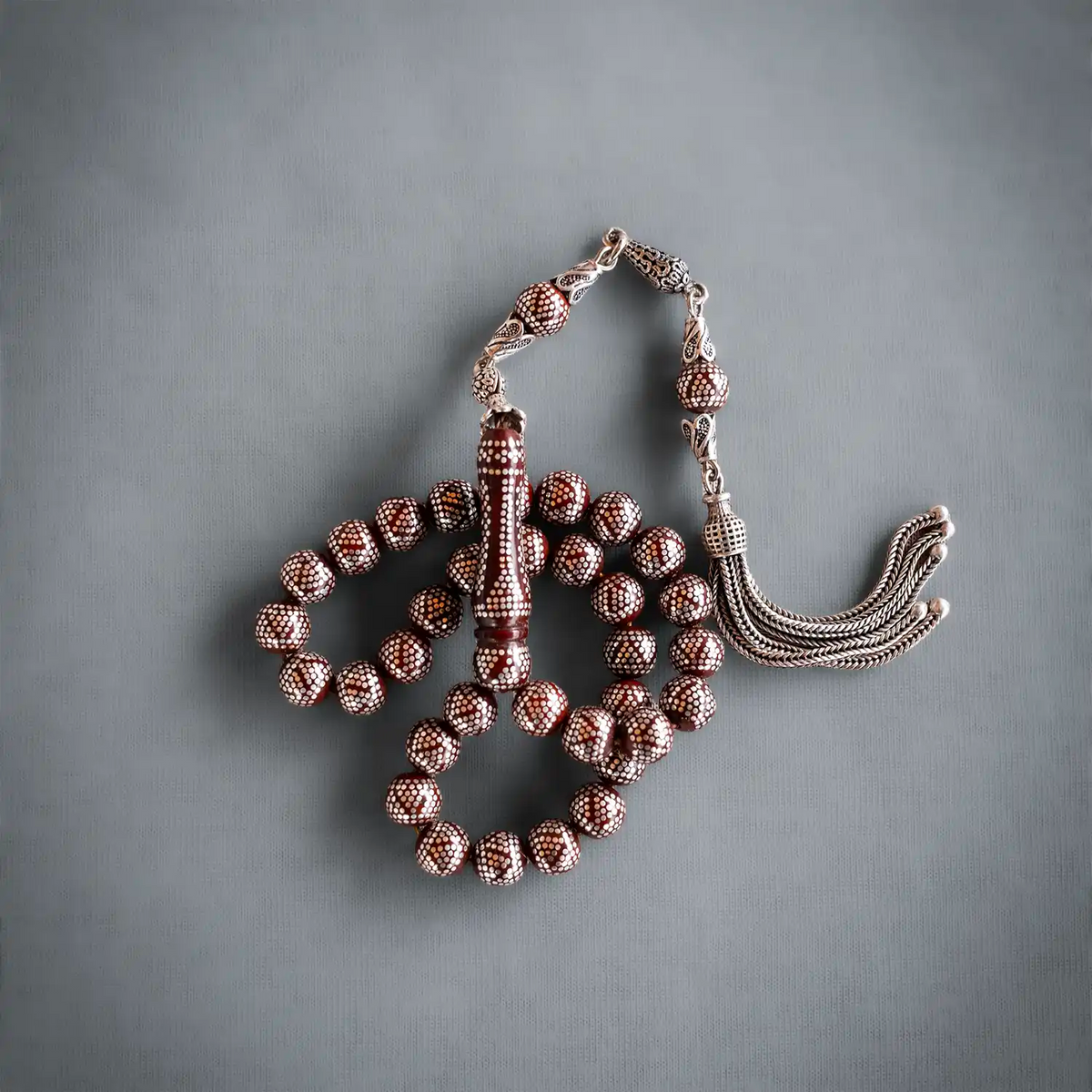 Kamil Puğ İmzalı Yoğun Silver Çakımlı Kuka Seed Prayer Beads Silver Tasselled Bilek Size