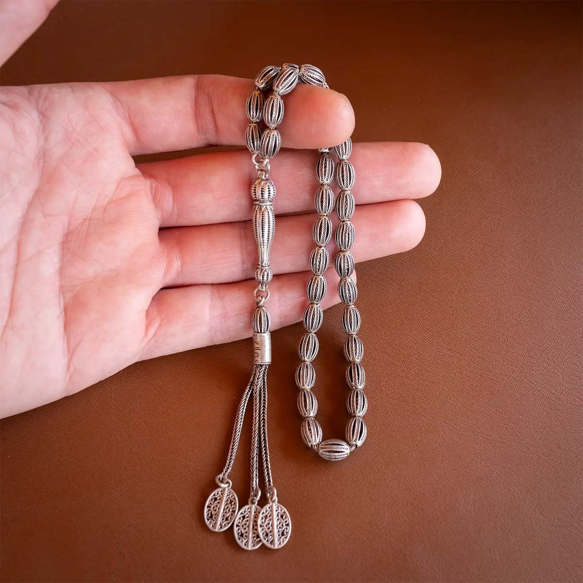 925 K Oyma Arpa Cut Silver Prayer Beads 3 Dangle Tasselled