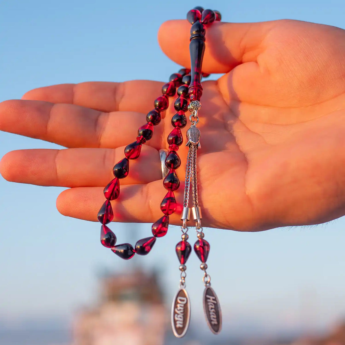Silver Personalized Drop Cut Fire Amber Prayer Beads Kişiselleştirilebilir