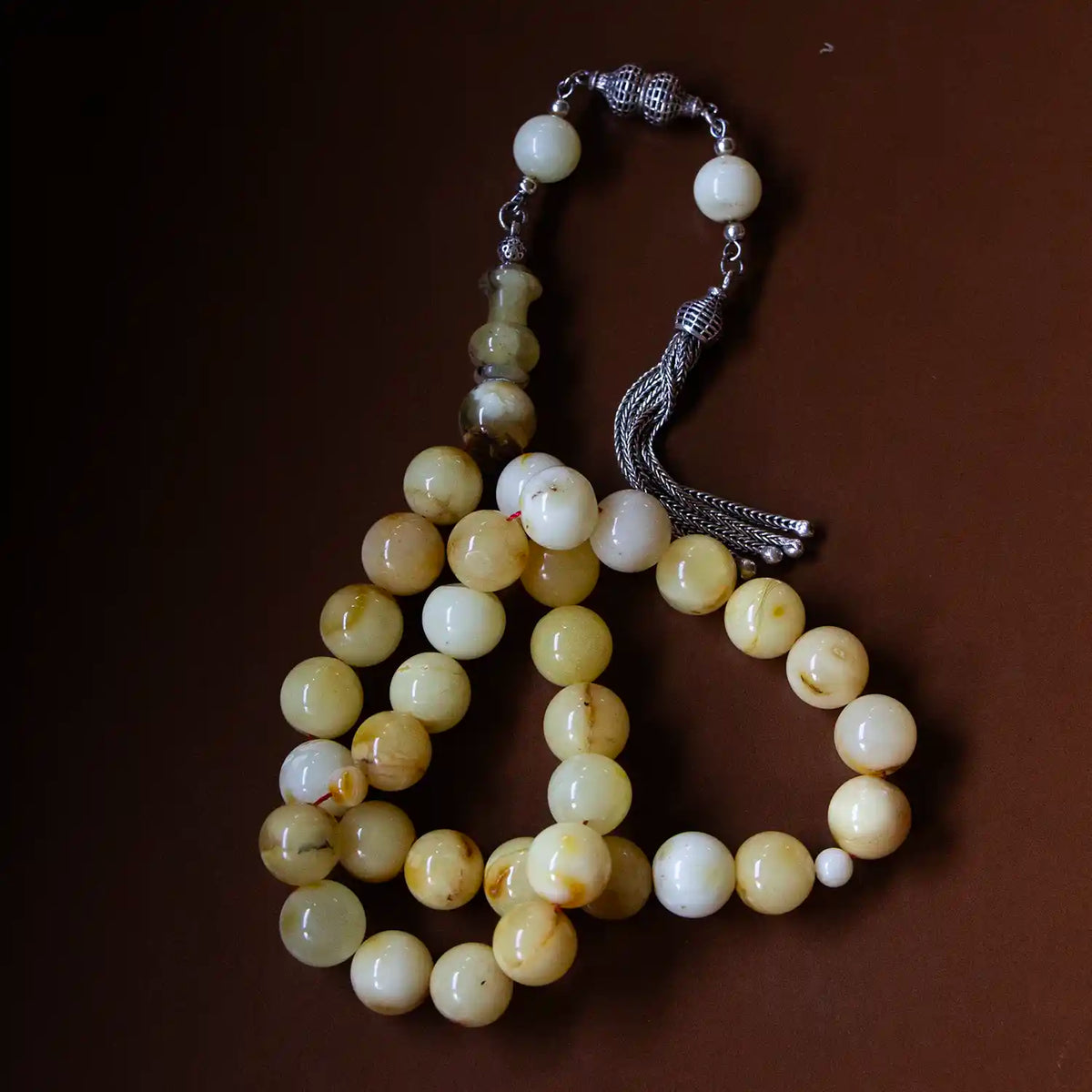 Orjinal Has Drop Amber Prayer Beads Silver Tasselled