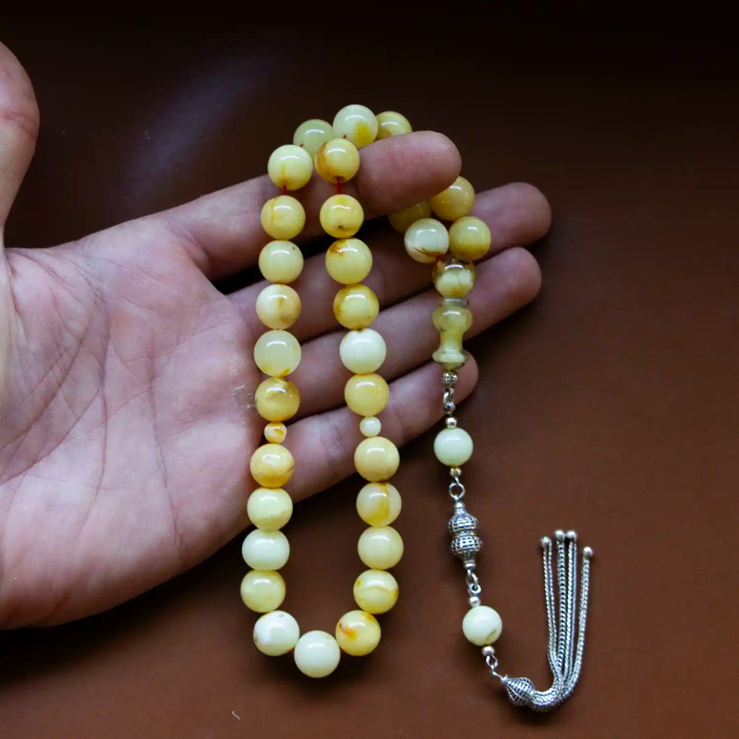 Orjinal Has Damla Kehribar Tesbih – Gümüş Püsküllü