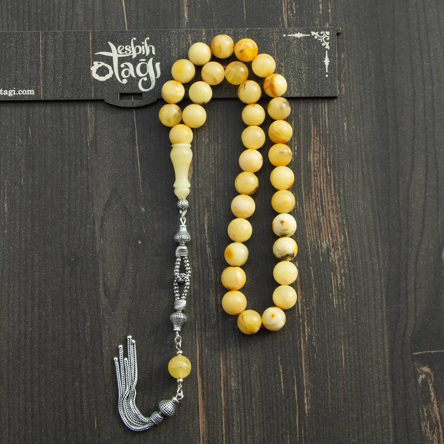 Orijinal Damla Kehribar Tesbih – Büyük Boy | 925 Ayar Gümüş Püskül