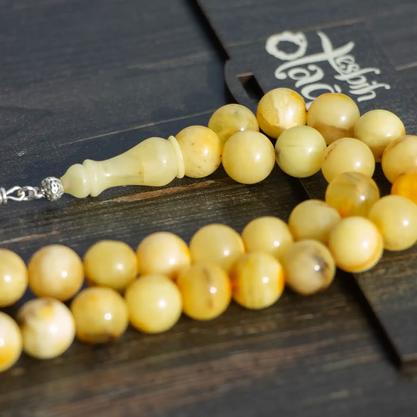 Orijinal Damla Kehribar Tesbih – Büyük Boy | 925 Ayar Gümüş Püskül