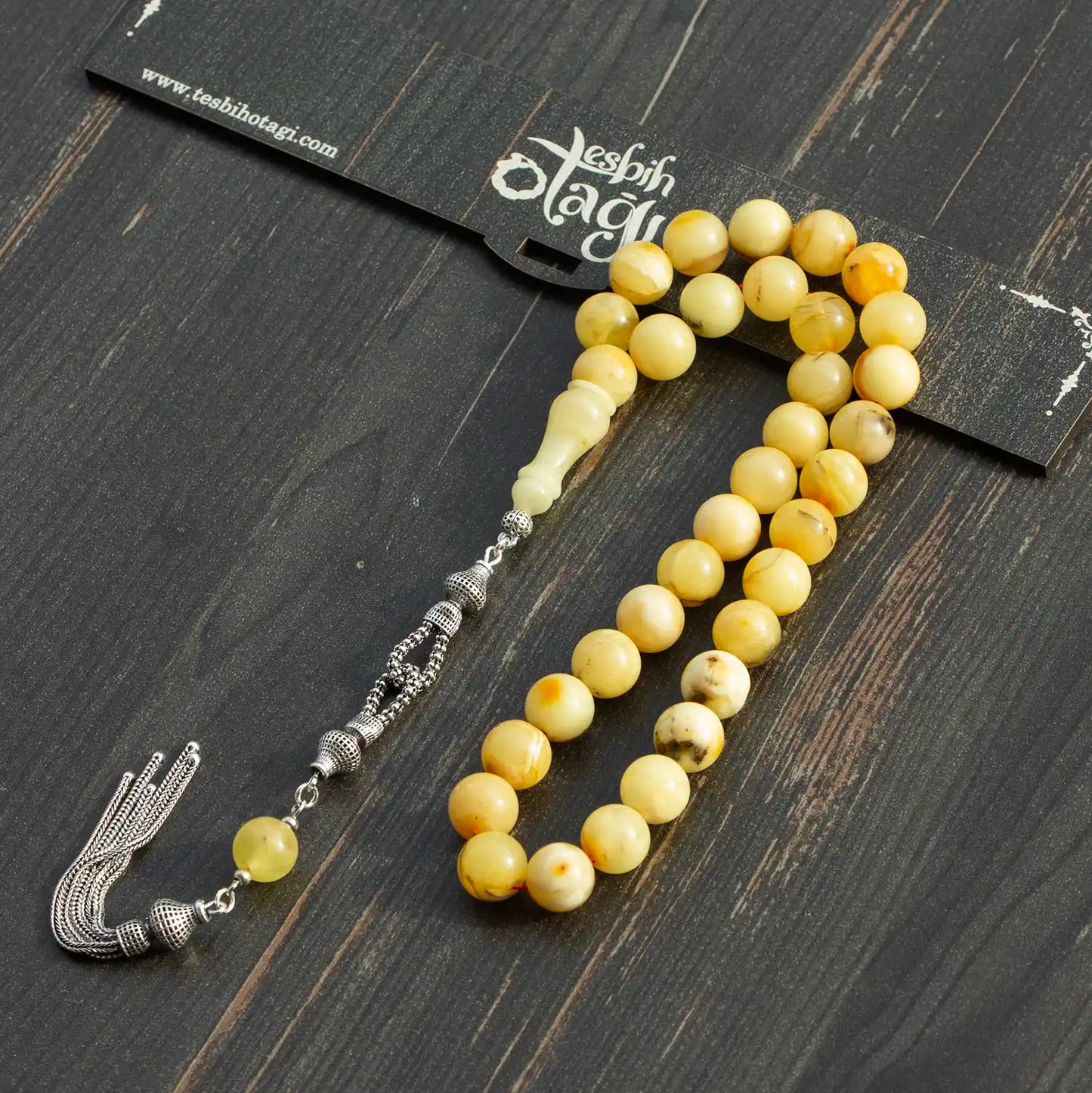 Orijinal Damla Kehribar Tesbih – Büyük Boy | 925 Ayar Gümüş Püskül