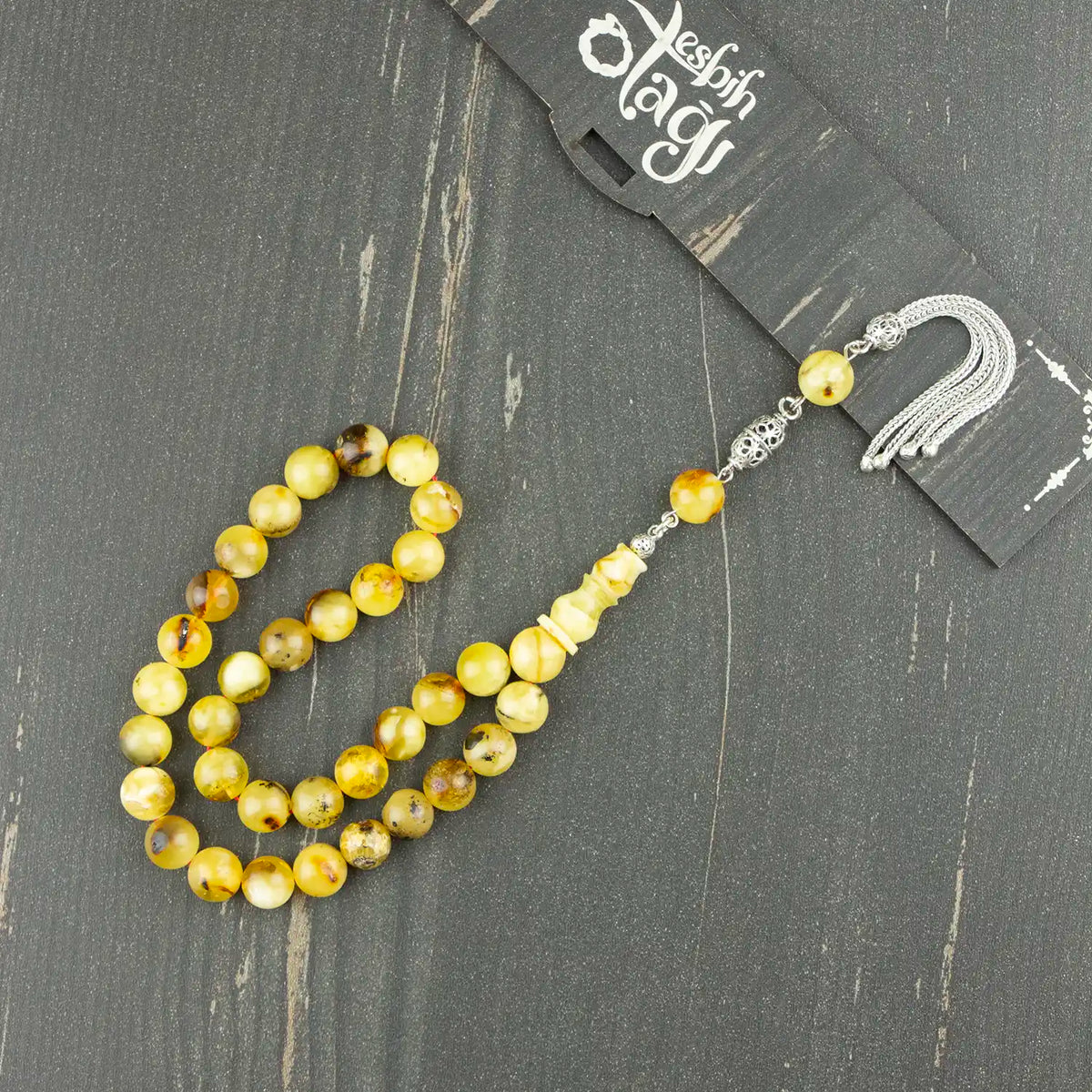Orjinal Ukrayna Kaya Drop Amber Prayer Beads Silver Tasselled