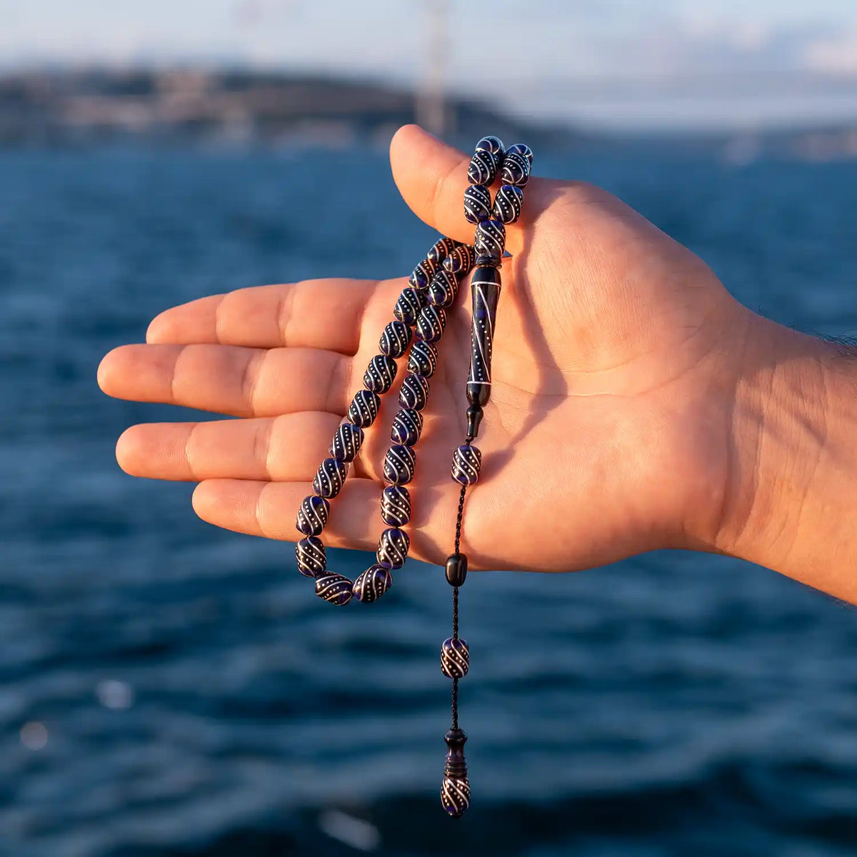 Silver Engraved Erzurum Oltu Stone Prayer Beads Handcrafted
