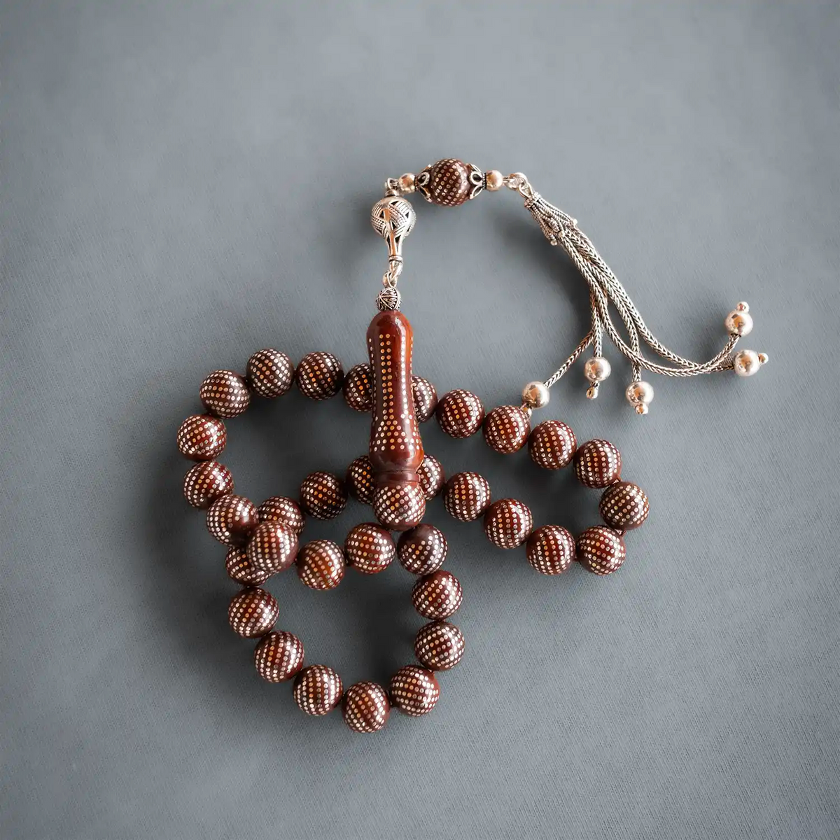 Silver Engraved Usta Crafted Kuka Seed Prayer Beads 925 K Silver Tasselled