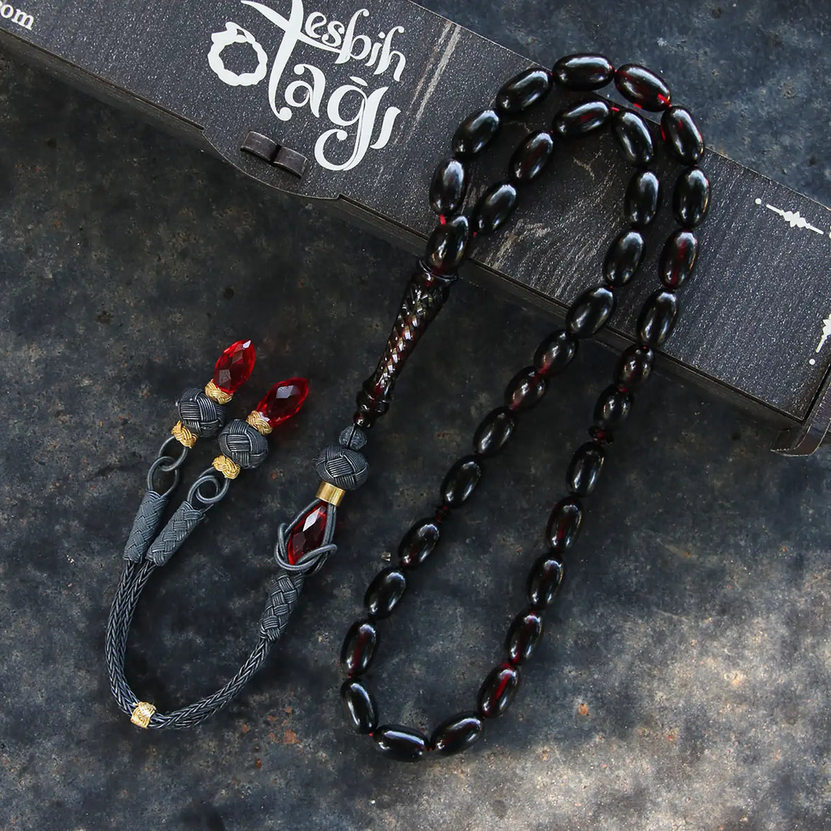 Kalemkar Serisi Silver Kazaz Tasselled Red Black Fire Amber Prayer Beads