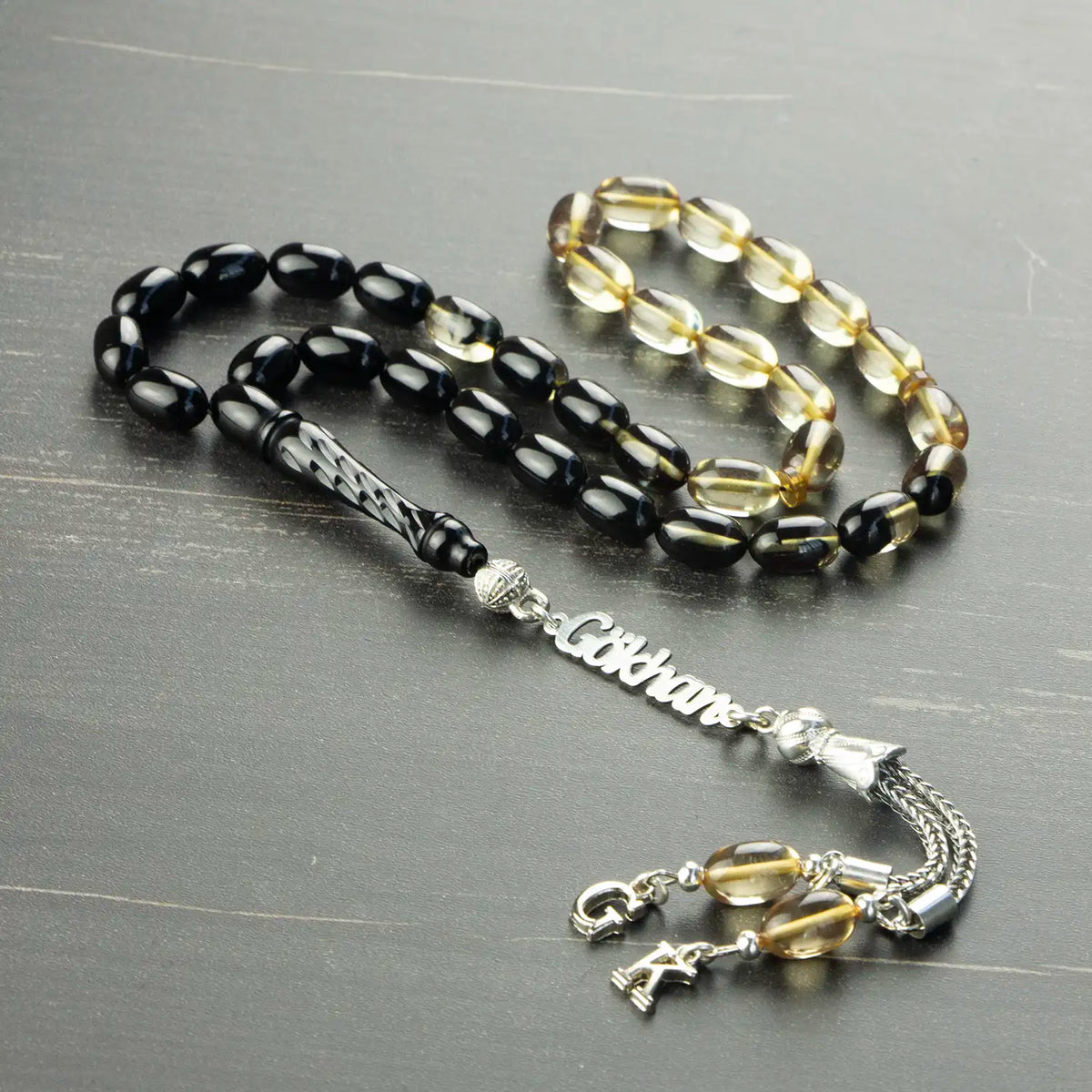 Silver Personalized Kalemkar Black & Clear Fire Amber Prayer Beads