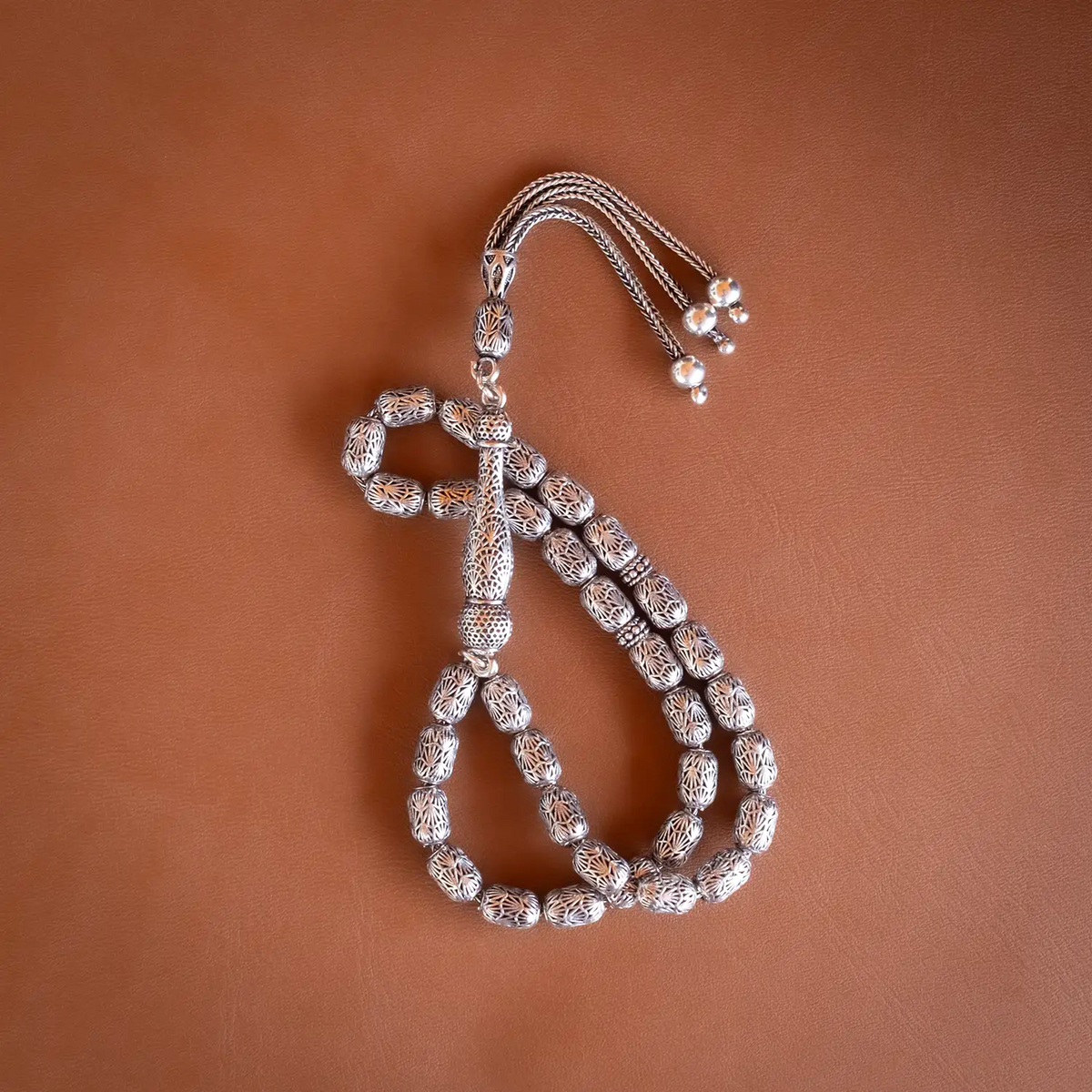 Capsule Cut Silver Prayer Beads Kafes Engraving Patterned