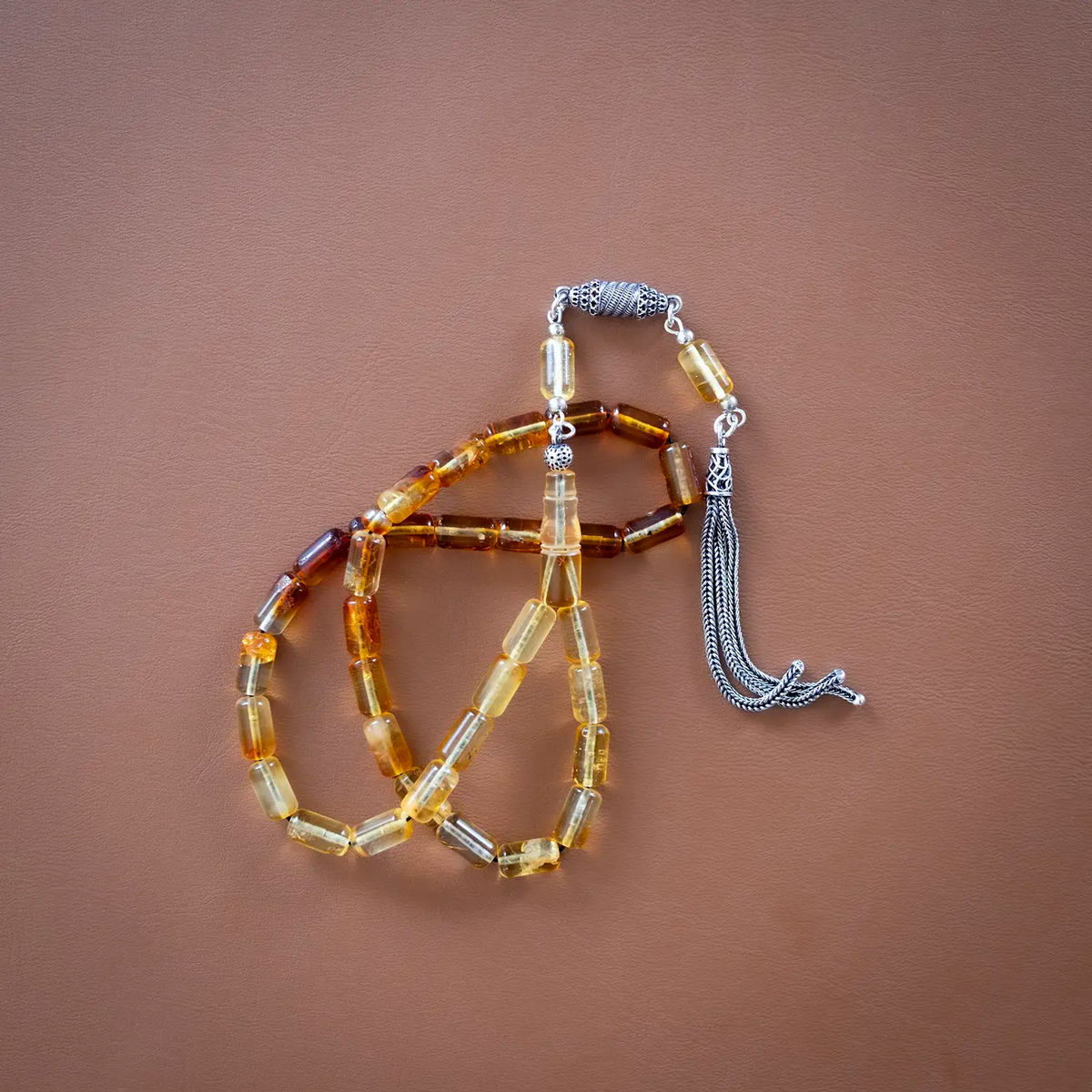 Color Süzmeli Drop Amber Prayer Beads Silver Tasselled Capsule Cut