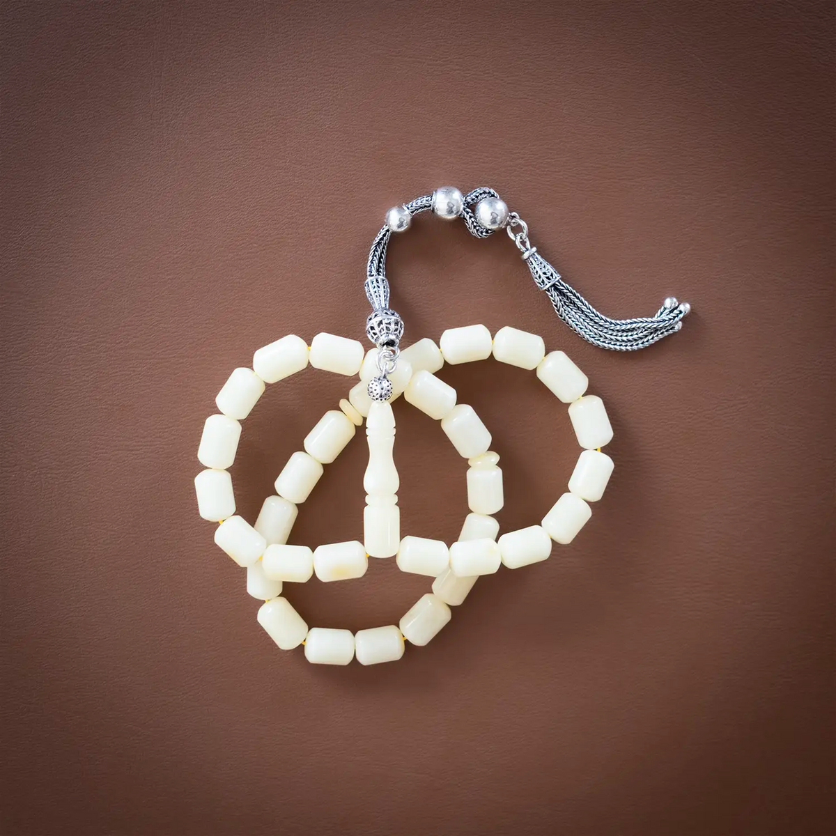 Ukrayna Natural Drop Amber Prayer Beads Silver Tasselled Capsule Cut