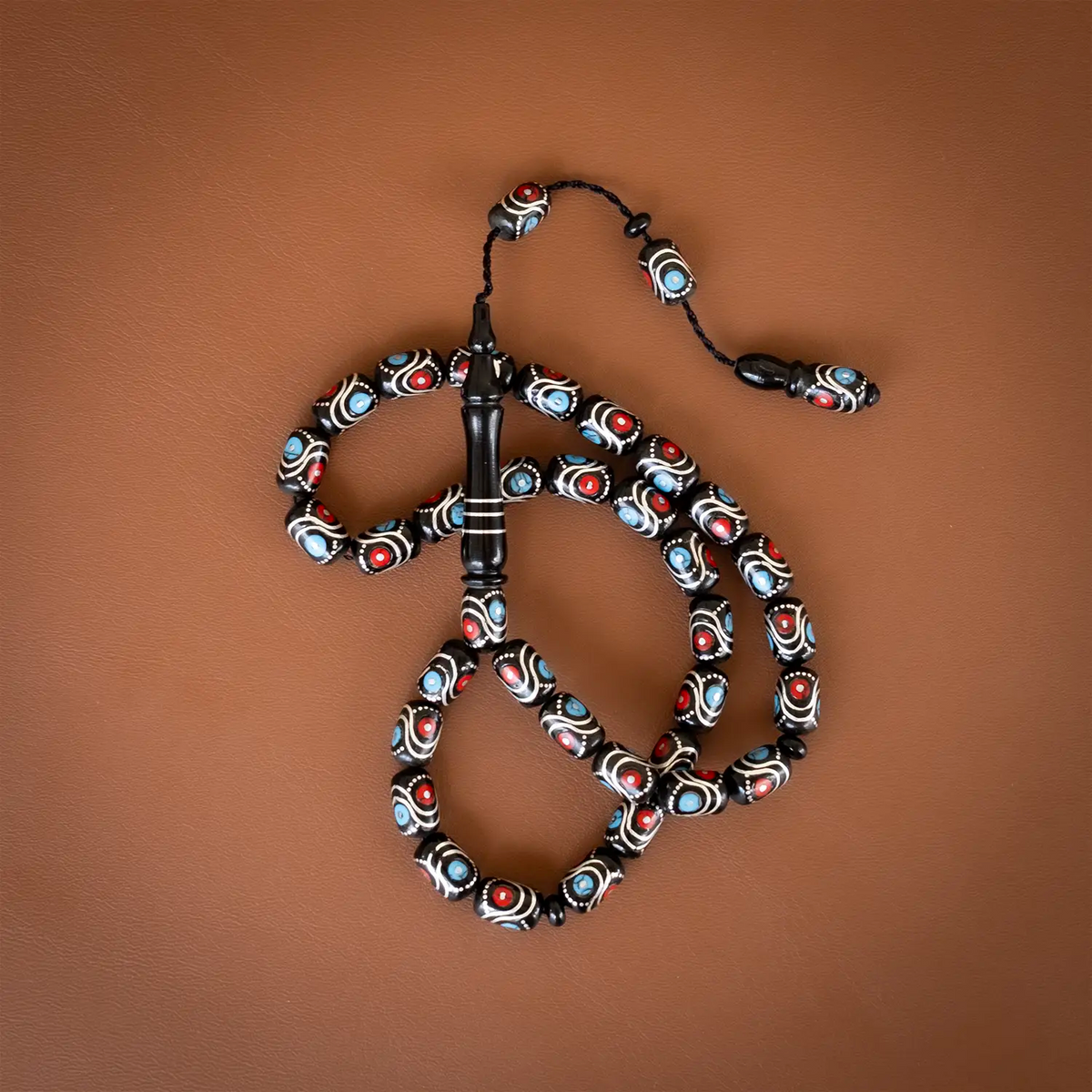 Coral, Turquoise Silver Engraved Erzurum Oltu Stone Prayer Beads
