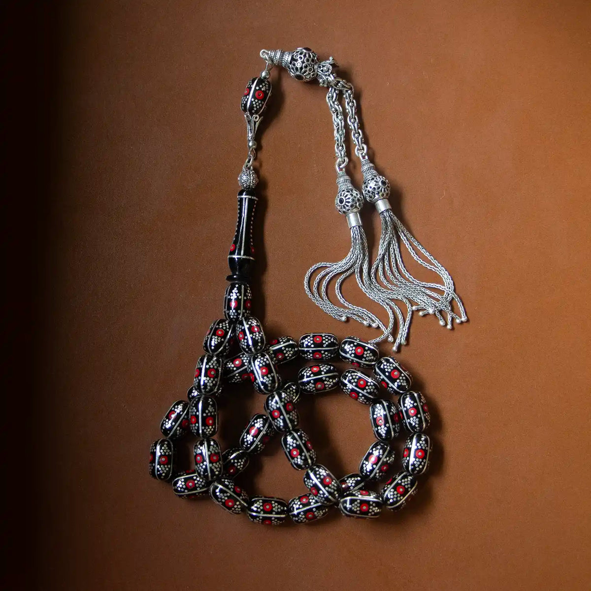 Yoğun Silver Engraved Erzurum Oltu Prayer Beads Silver Tasselled