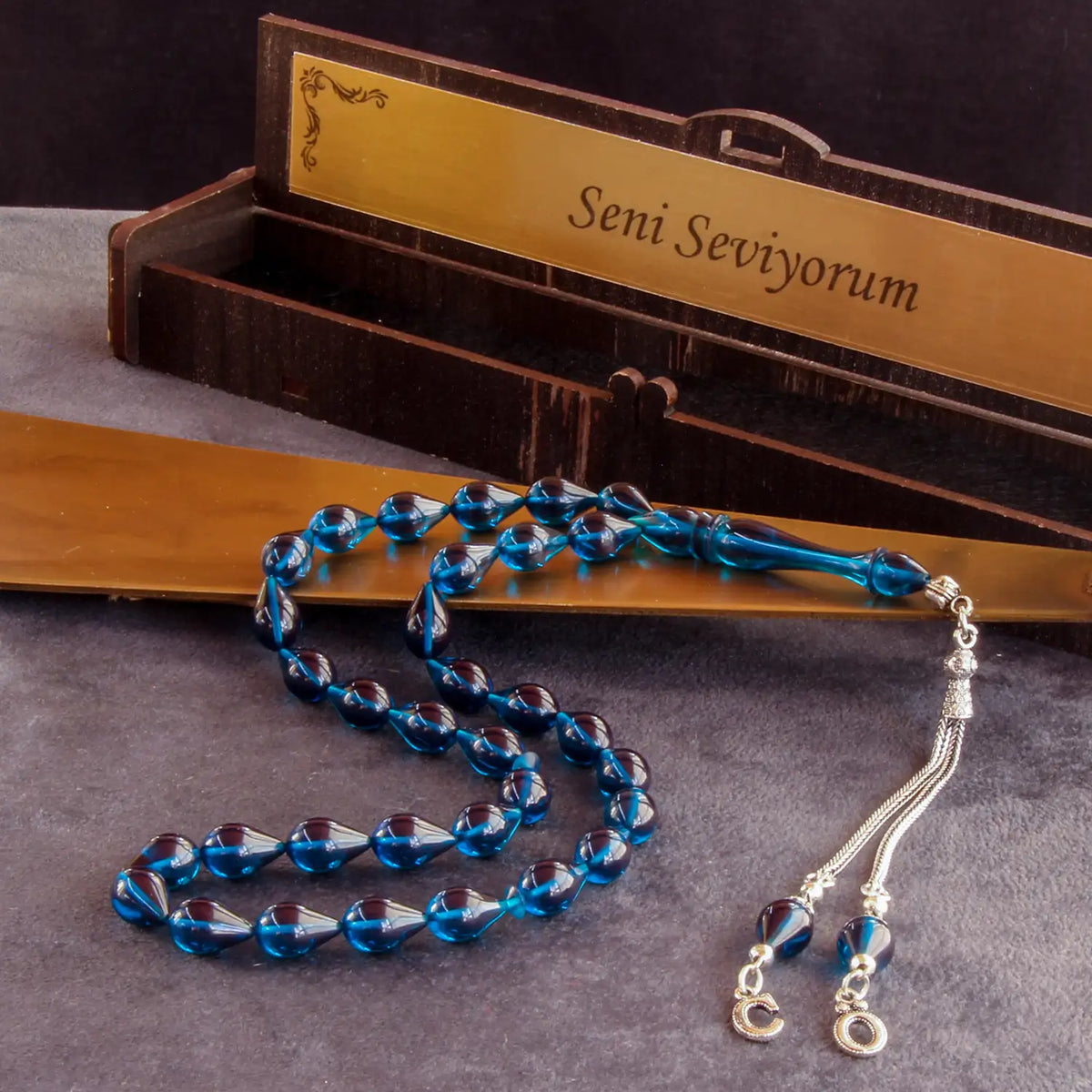 Personalized Initial Silver Tasselled Parlament Blue Drop Cut Fire Amber Prayer Beads