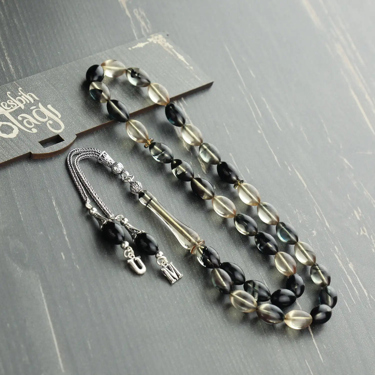Personalized Initial Black Clear Moiré Fire Amber Prayer Beads