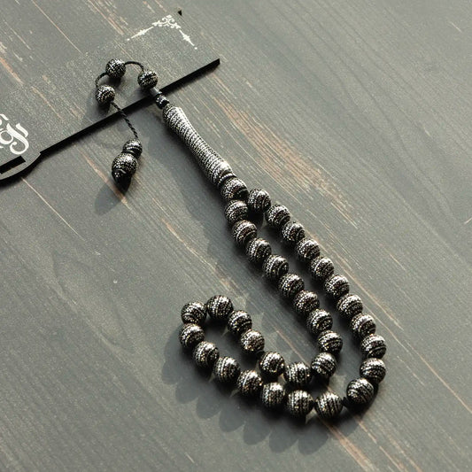 Yoğun Gümüş İşlemeli Usta İşçilikli Kuka Tesbih | Küre Kesim